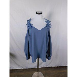 SHEIN Curve Blouse Womens 1XL Blue Cold Shoulder Lace Applique Long Sleeve Top